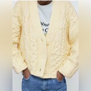 Zara Women's Yellow Ivory Cable Knit Cardigan Patchwork Boho Medium